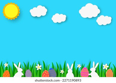 Easter egg hunt background with rabbits and coloured eggs hidden in the grass. Paper cut style. Vector illustration