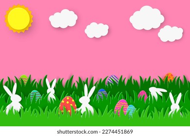 Easter egg hunt background with rabbits and coloured eggs hidden in the grass. Paper cut style. Vector illustration