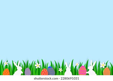 Easter egg hunt background with rabbits and coloured eggs hidden in the grass. Paper cut style. Vector illustration
