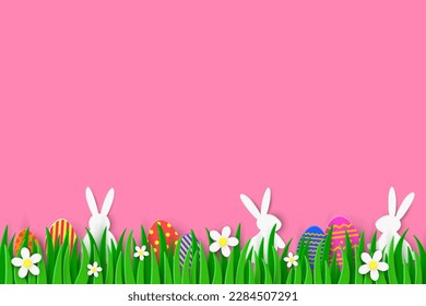Easter egg hunt background with rabbits and coloured eggs hidden in the grass. Paper cut style. Vector illustration
