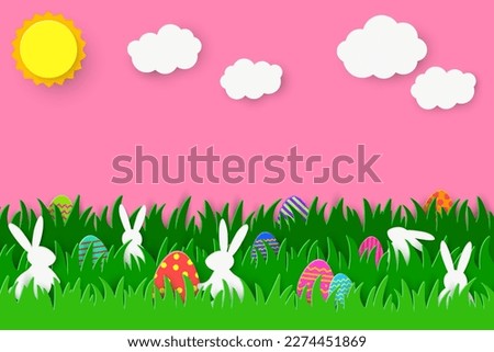 Easter egg hunt background with rabbits and coloured eggs hidden in the grass. Paper cut style. Vector illustration