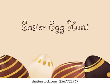 Easter egg hunt background with realistic chocolate eggs with golden pattern. Holiday concept, template, layout. Spring vector illustration of brown and beige colors