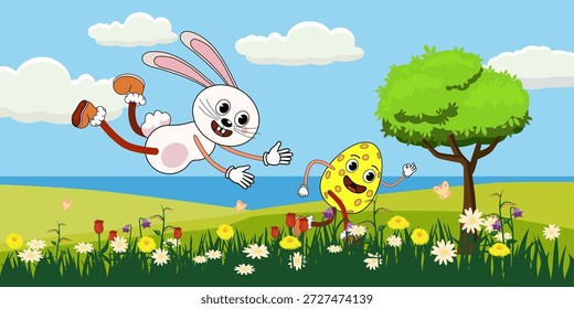 Ostereierjagd Banner, Hase auf der Jagd nach Ei. Frühlingswiese, Stadtpark, Landschaft