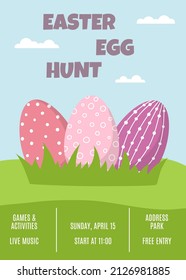 Easter egg hunt banner. Colorful decorated easter eggs on the grass