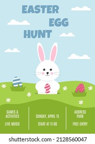 Easter egg hunt banner with cute easter bunny. Rabbit looks out of the hole and holds easter egg. 