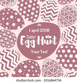 Easter egg hunt banner with eggs different pattern for decoration, greeting card, sale, promotion, party poster, tag, stamp, label, special offer. Vector Illustration