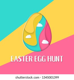 Easter Egg Hunt banner with a lettering and clouds. Layered Paper cut Eggs. Cute geometric holidays colorful backdrop. Cheerful easter card, sale banner, voucher, article, web. Vector Illustration
