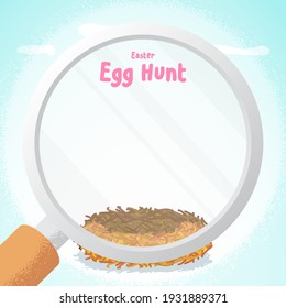 A easter egg hunt banner, the magnifying glass shining towards the nest with text box, illustration vector.