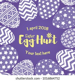 Easter egg hunt banner with purple eggs different pattern for greeting card, decoration, sale, promotion, party poster, tag, stamp, label, special offer. Vector Illustration