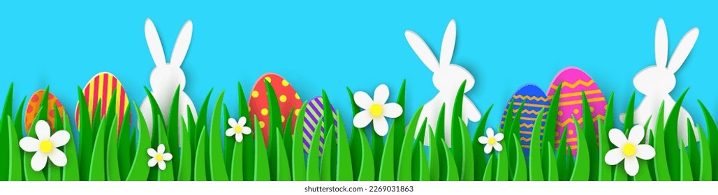 Easter egg hunt banner with rabbits and coloured eggs hidden in the grass. Paper cut style. Panoramic header. Vector illustration