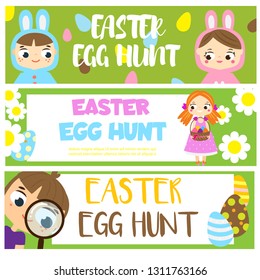Easter egg hunt banners with cartoon kids. Children Easter fun activity. Vector templates for Invitations, advertisements