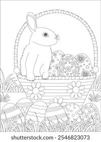 Easter egg hunt basket vector design with easter eggs and bunny coloring book page