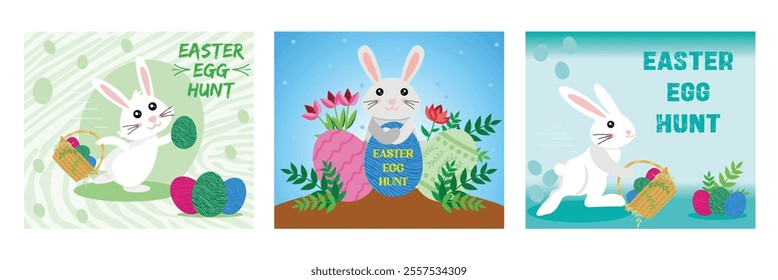 Easter Egg Hunt with baskets and Colorful Eggs. Flowers on a Sunny Spring Day. Cute Easter Bunny. Set flat vector modern illustration 