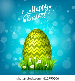 Easter egg hunt. Blue background. April holidays. Flowers and grass. Abstract banner, card. Spring time. Celebration.