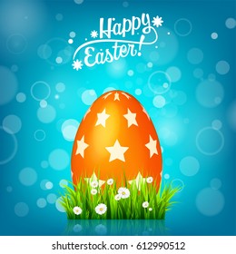 Easter egg hunt. Blue background. April holidays. Flowers and grass. Abstract banner, card. Spring time. Celebration.