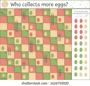 Easter egg hunt board game for children with traditional symbols. Educational spring holiday boardgame with numbers. Who collects more eggs?