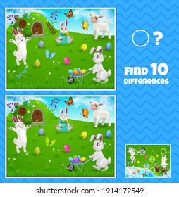 Easter egg hunt bunnies kids game of find ten differences, vector children education. Worksheet template of memory and logic puzzle with cartoon Easter eggs, rabbits, butterflies and lamb