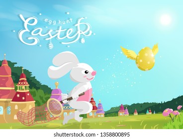 Easter, Egg Hunt, Bunny Catching Golden Egg Flying On Grass Field In Nature, Fairy Tale Fantasy Cartoon, Greeting Card Calligraphy, Celebrate Holiday Poster Vector Illustration