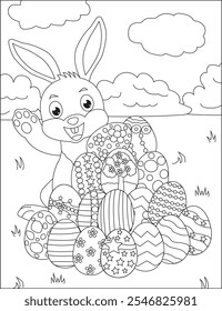 Easter egg hunt bunny with eggs coloring page vector