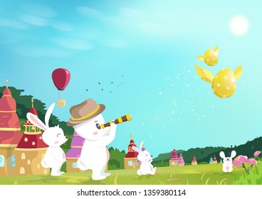 Easter, egg hunt, bunny looking to golden egg flying on grass field in nature garden, fairy tale fantasy cartoon, greeting card, family holiday poster vector illustration