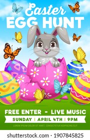 Easter Egg Hunt Bunny Vector Flyer Of Religion Holiday Party. Cartoon Rabbit Or Hare Animal Hiding In Easter Egg On Green Grass Field With Flying Butterflies, Resurrection Sunday Kids Game Invitation