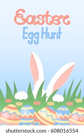 Easter egg hunt calligraphic inscription. White rabbit with paws and pink ears hiding in the grass.