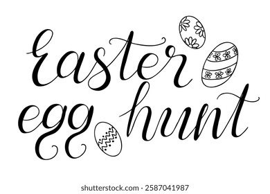 Easter egg hunt calligraphy with decorative eggs in black and white, perfect for holiday greeting cards, invitations, and festive decorations. Vector monochrome illustration