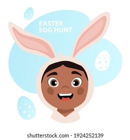 Easter Egg Hunt card. Boy with Easter Bunny Ears. Cartoon style vector illustration.