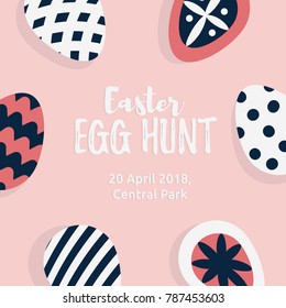 Easter egg hunt card with cute Easter eggs decorated and text on pink background. Vector illustration in trendy flat cartoon style.