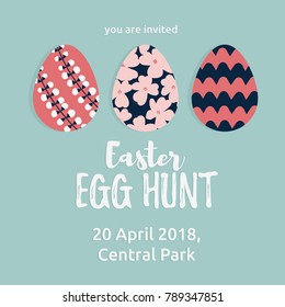 Easter egg hunt card with cute Easter eggs decorated and text on blue background. Vector illustration in trendy flat cartoon style.