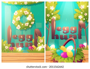 Easter egg hunt cartoon posters with rabbit ears