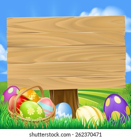Easter Egg Hunt Cartoon Sign and basket Easter eggs in rolling green hills