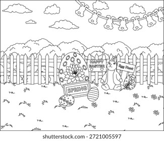Páginas para colorear de la celebración de la cacería del huevo de Pascua para los niños Vector de arte de la línea