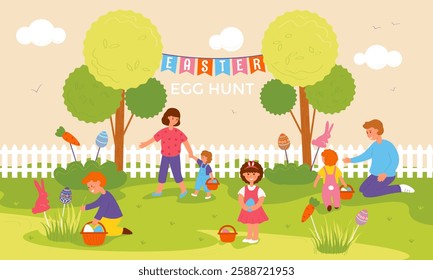 Easter egg hunt. Children with basket looking for and collecting eggs outdoors. Vector illustration.