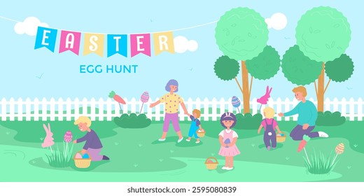 Easter egg hunt. Children outdoors looking for hidden eggs. Horizontal banner. Vector illustration.