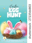 Easter egg hunt clipart poster design. Happy Easter egg hunt invitation card template clip art with cute eggs and bunny ears in birds nest for egg hunting party celebration poster design vector illustration.

