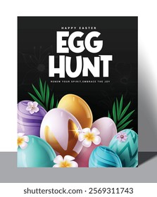 Easter egg hunt clipart poster design. Happy easter text clip art with colorful eggs, flowers and leaves for egg hunting celebration in frame black background. Vector illustration easter sunday 