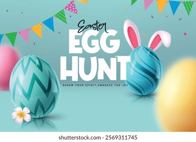 Easter egg hunt clipart poster design. Happy easter wishes clip art in festive blue background with printed eggs for traditional egg hunting celebration. Vector illustration easter sunday invitation 