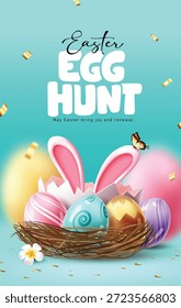 Diseño de póster de Clipart de caza de huevos de Pascua. Feliz huevo de Pascua cacería invitación tarjeta de Plantilla arte de Clip con huevos lindos y orejas de conejo en el nido de pájaros para la Ilustración vectorial de diseño de póster de celebración de fiesta de caza de huevos.
