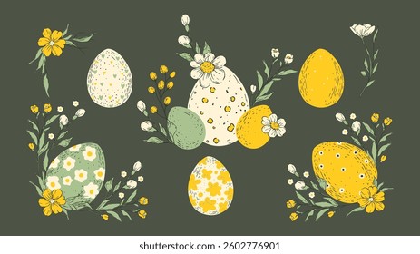 Easter Egg Hunt Collection Isolated Pastel Sketch Floral Eggs Spring Flower Holiday Rustic Folk Art Vector Set