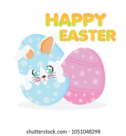 Easter Egg Hunt with colored eggs and rabbit out of eggs. Isolated on white
