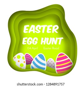 Easter Egg hunt. Colorful banner in paper cut, paper craft style. template spring seasonal fun design