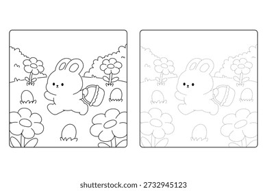 Ostereierjagd Malvorlage. Bunny Tragen eines Korbs zum Sammeln Ostereier Malvorlagen für Kinder. Bunny und Ostereier Malvorlagen für Kinder. Spur und Farbe Hase und Ostereier für Kinder Aktivität druckbar. 