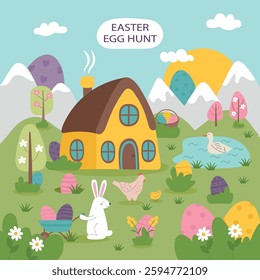 Easter egg hunt concept background. Farmhouse, farm animals, Easter bunny and hidden Easter eggs. Flat hand drawn illustration.
