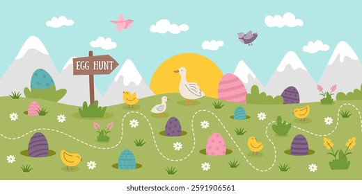 Easter egg hunt concept banner. Nature background with chickens, geese and hidden eggs. Hand drawn illustration in flat style.