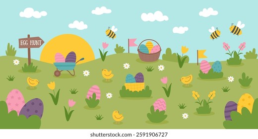 Easter egg hunt concept banner. Nature background with chickens, hidden Easter eggs on the meadow. Hand drawn flat style illustration.