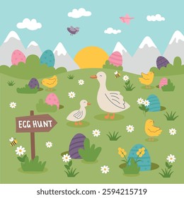 Easter egg hunt concept banner. Nature background with chickens, geese and hidden eggs. Hand drawn greeting card in flat style.