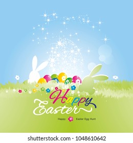 Easter egg hunt concept bunny eggs flowers colorful vector