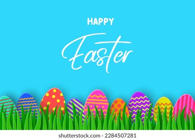 Easter egg hunt concept. Greeting card in paper cut style with easter eggs in the spring grass. Vector illustration