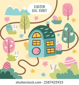 Easter egg hunt concept map. Greeting card with house, road, trees, hidden bunnies and eggs. Easter concept background. Vector hand drawn illustration.